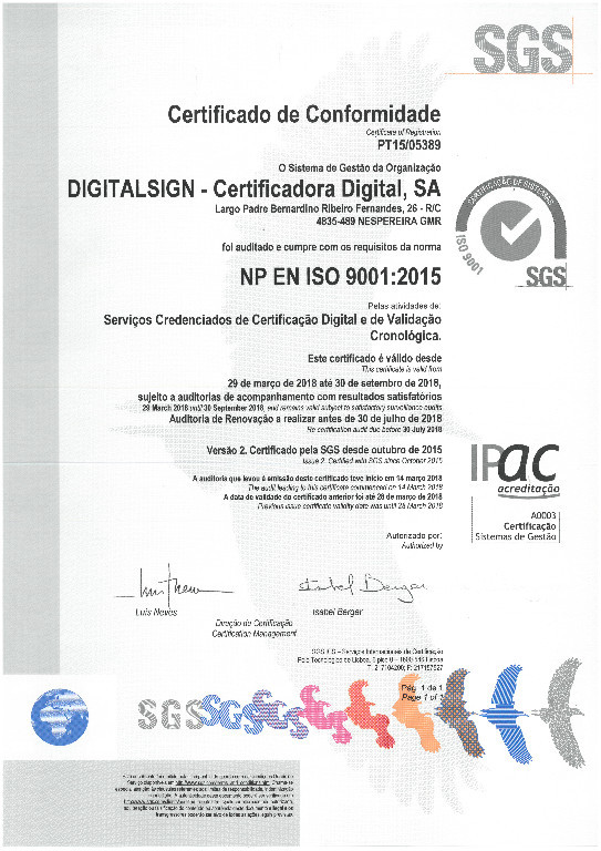 DigitalSign - Transição da Certificação para a ISO 9001:2015 e Manutenção ISO/IEC 27001:2013